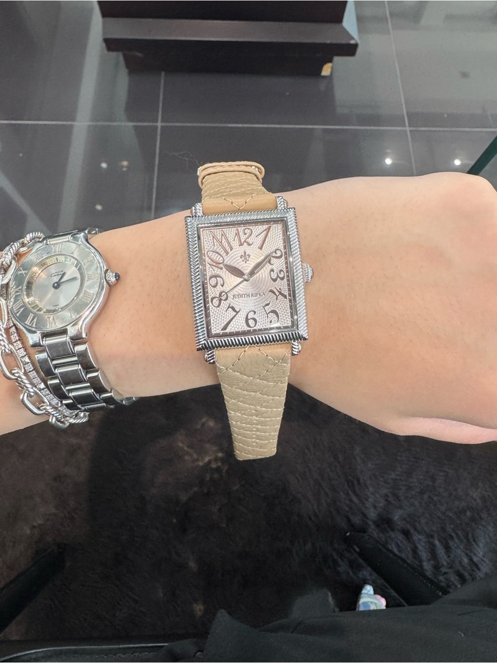 New Judith Ripka Stainless Steel Quilted Leather Tank Watch – Taupe